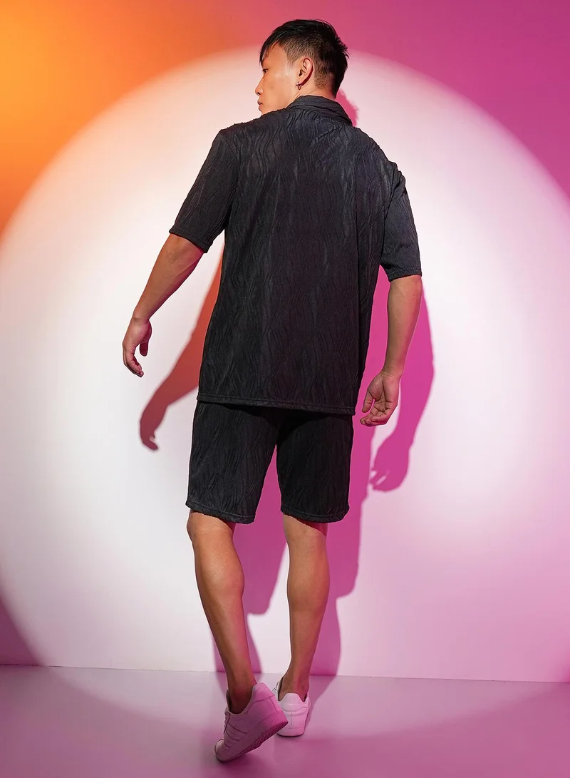 CAHOOT  Men's Midnight Black Self-Design Wave Co-Ord Set For Casual Wear | Cuban Collar | Short Sleeve | Button Closure | Co-Ords Crafted With Comfort Fit For Everyday Wear for Men | Best Price UAE